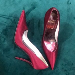 Stuart Weitzman cranberry satin Swarovski heels